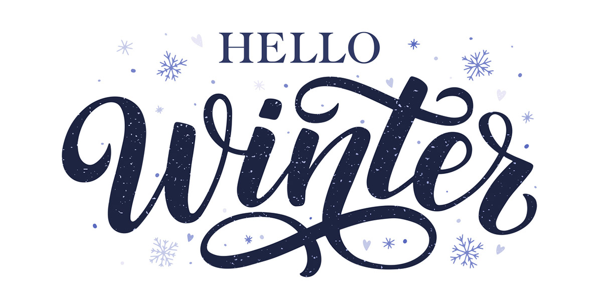 custom typographysays the words hello winter with snowflakes in the background