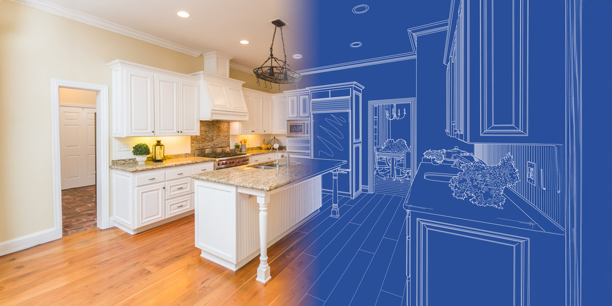 Contemporary kitchen design with a detailed blueprint.