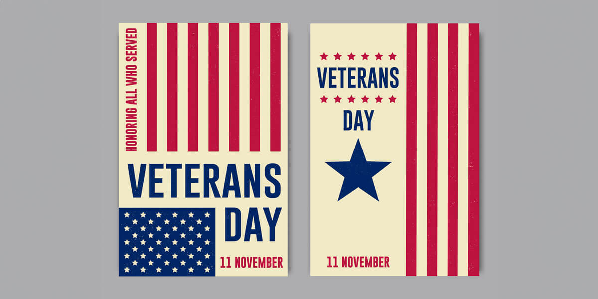 Banners celebrating Veterans Day adorned with stars, symbolizing honor and remembrance for those who served.